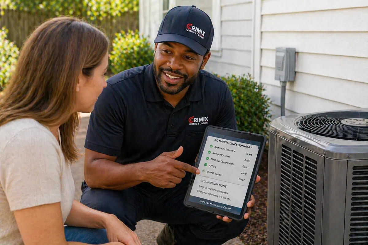 Technician explaining maintenance results to homeowner beside outdoor unit