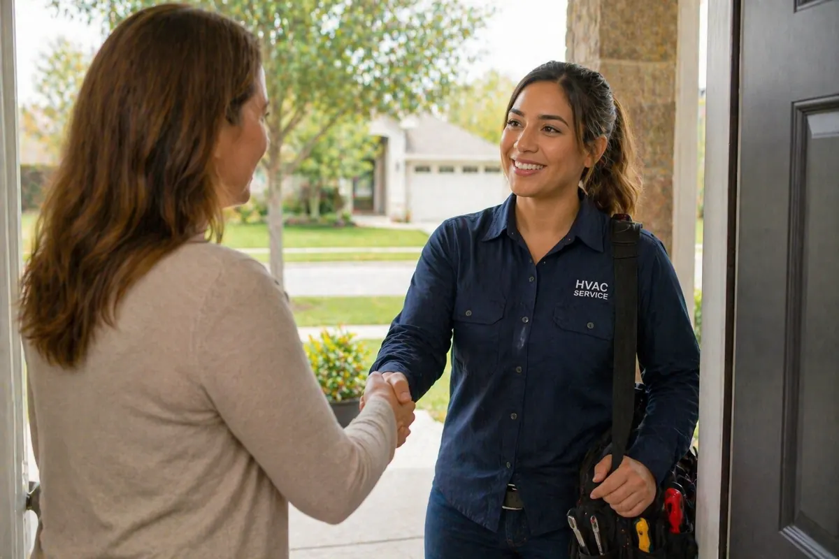 Homeowner greeting HVAC technician at front door of house