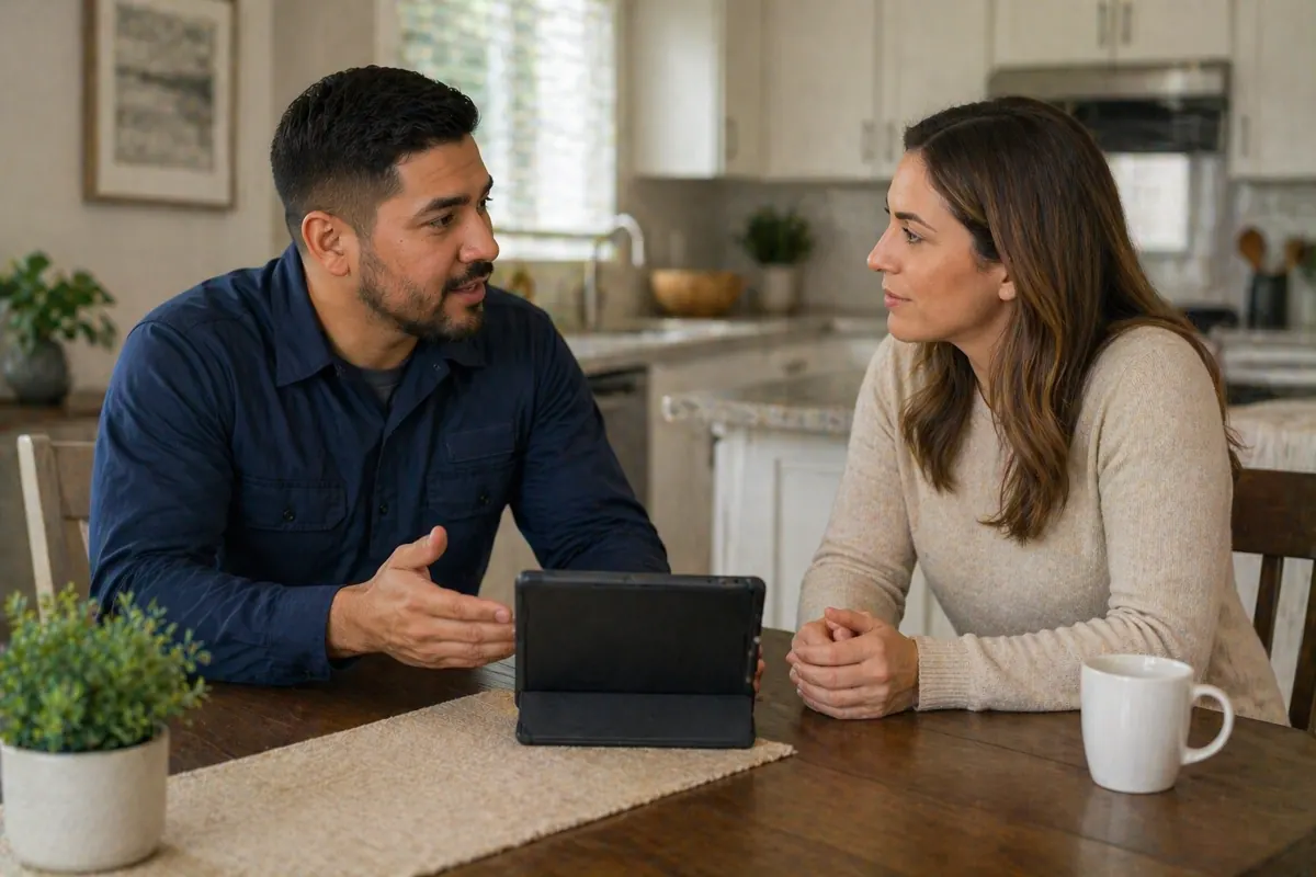 Homeowner speaking with HVAC technician about system options in home