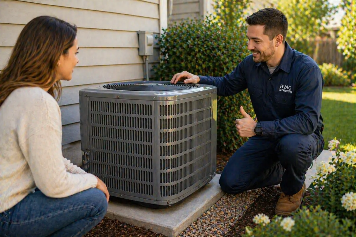 Technician finishing HVAC installation while homeowner observes nearby