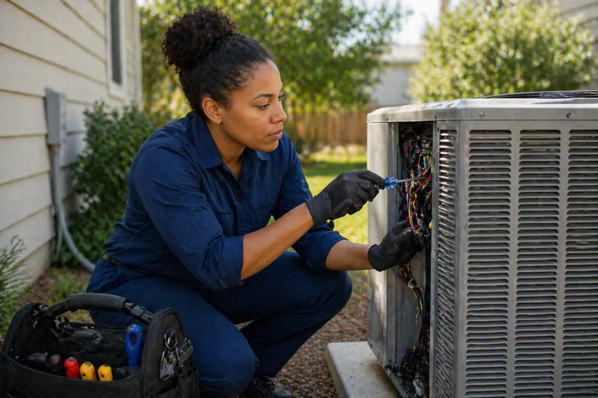 HVAC technician working on residential air conditioning system outdoors